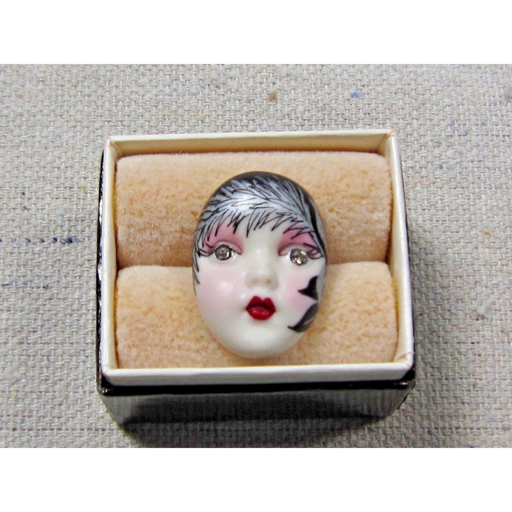 Vintage Adagio Hand Painted Porcelain Flapper Pin in Olson Antiques Gift Box